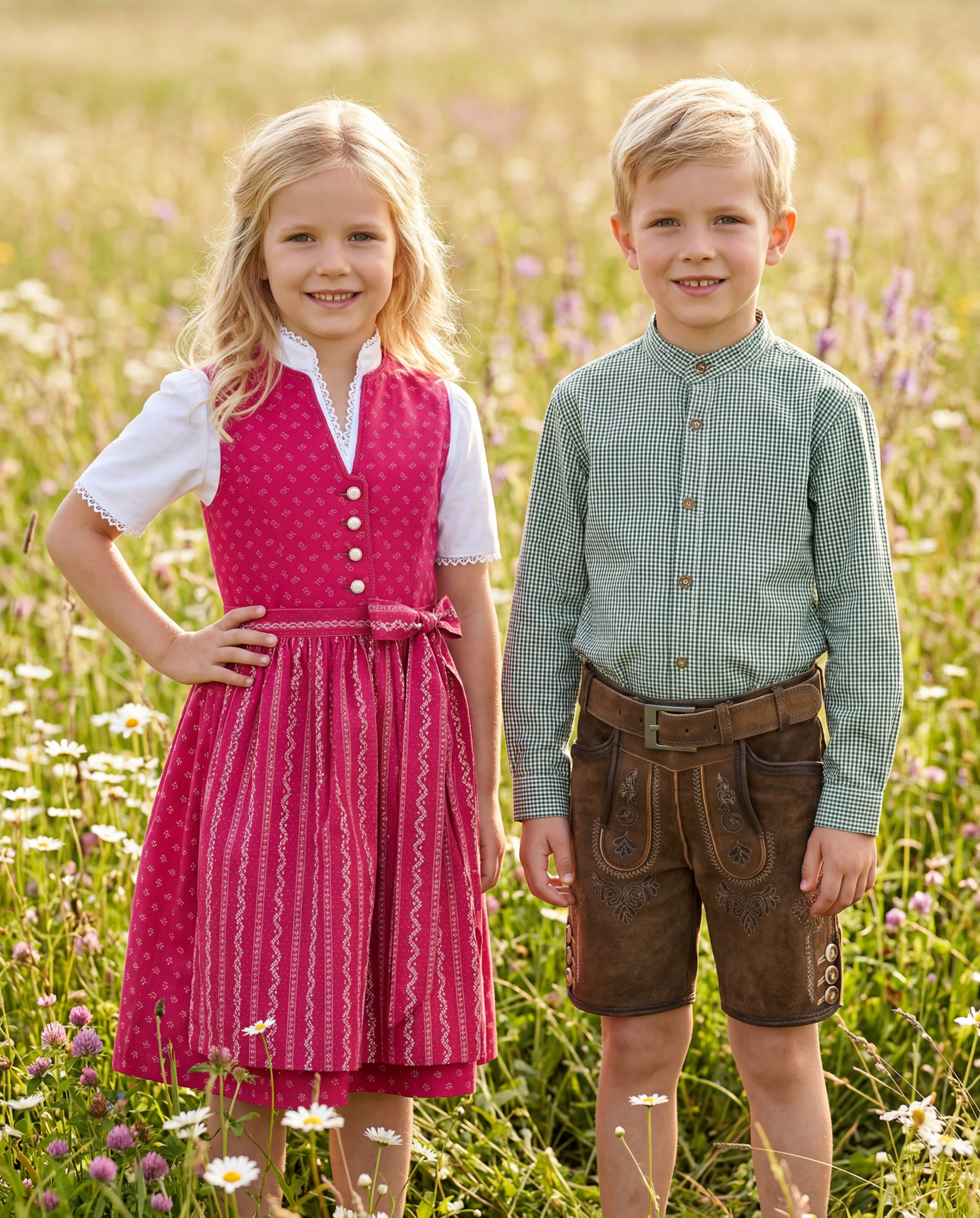 Mädchen im Dirndl und Junge in Lederhosen